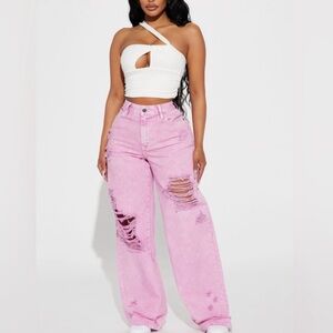Fashion Nova Life Is Sweet Ripped Baggy Pink Wide Leg High Rise Jean Size 9